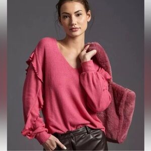 PILCRO Anthropologie Pink V-Neck Waffle Knit Sweater w/ Ruffle Sleeves Size M